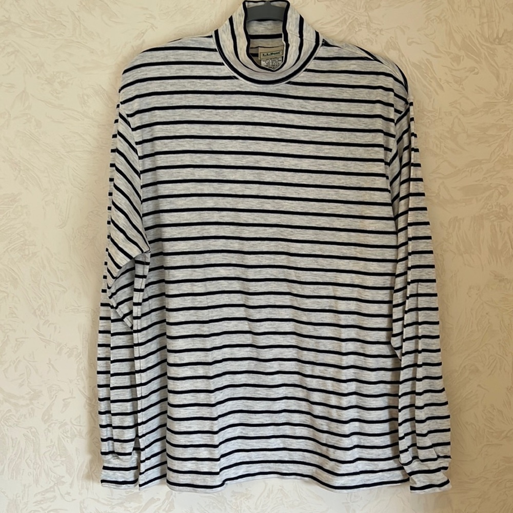 LL Bean Men's Oatmeal Cream & Navy Blue Striped Mock Neck Long Sleeve Top Size L